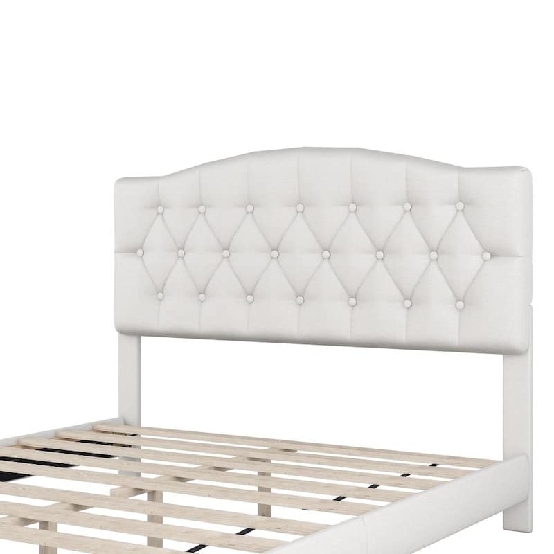 Upholstered Platform Bed with Saddle Curved Headboard and Diamond Tufted Details, Beige
