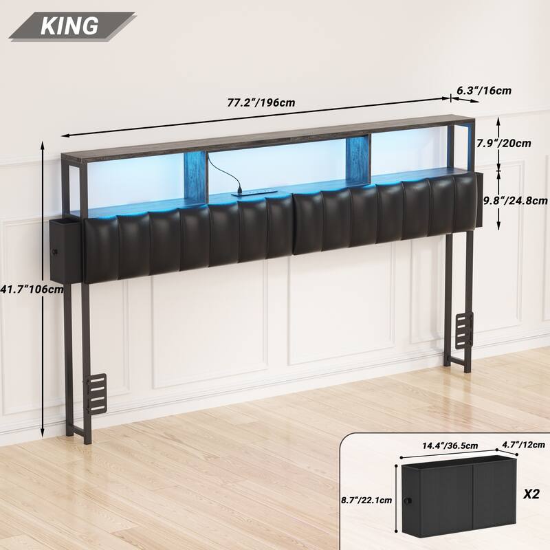 Upholstered Headboard with Hidden Drawer, Head Board with Power Outlet and LED Light