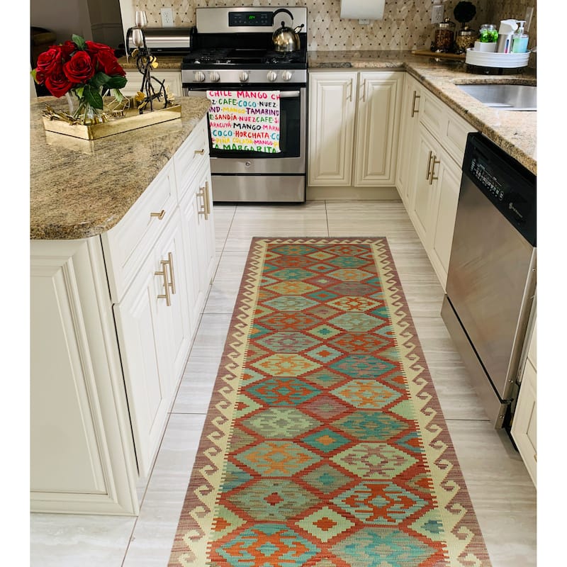 Hand-Woven Sangat Kilim Gulshakh Purple/Ivory Runner - 2'8" x 9'5"