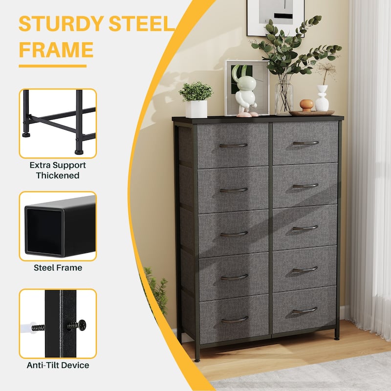 Dresser for Bedroom, 10 Storage Drawers, Anti-Tip Tall Fabric Closet Chests Organizer Tower Furniture Wooden Top Metal Frame