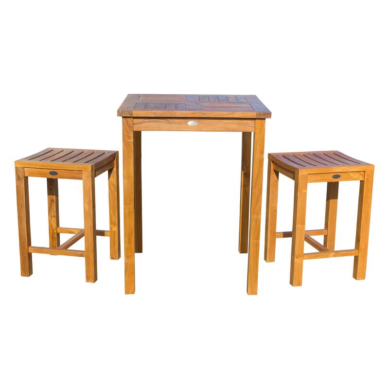 Chic Teak 3 Piece Teak Wood Seville Small Counter Height Patio Bistro Set, 2 Counters Stools and 27" Square Table