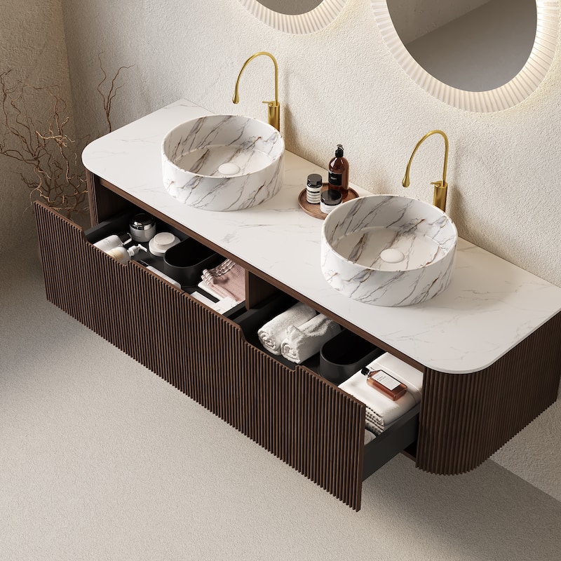 GDFStudio - Dina 60" Curved Edges Striped Bathroom Vanity with 2 White Stone Ceramic Basins, 2 Drawers, NO Faucet - Dark Walnut