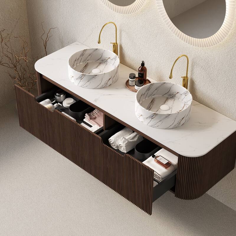 GDFStudio - Dina 60" Curved Edges Striped Bathroom Vanity with 2 White Stone Ceramic Basins, 2 Drawers, NO Faucet