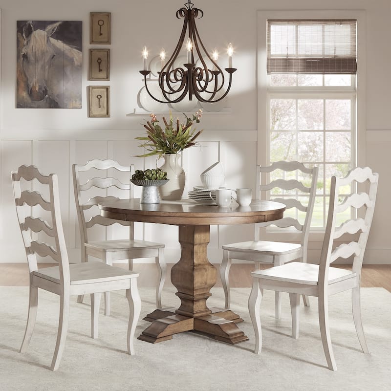 Eleanor Oak Round Solid Wood Top Ladder Back 5-piece Dining Set by iNSPIRE Q Classic - Oak Table - Antique White Chairs
