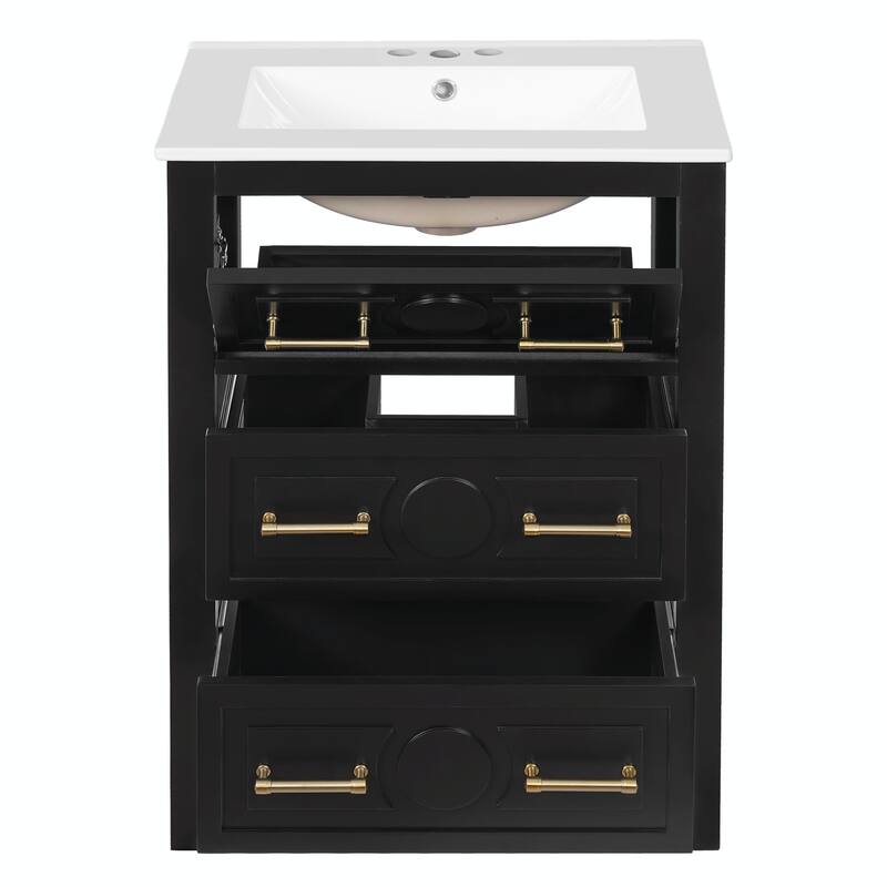 24" Bathroom Vanity with Ceramic Sink Combo, Free-Standing Single Vanity Set with 3 Drawers