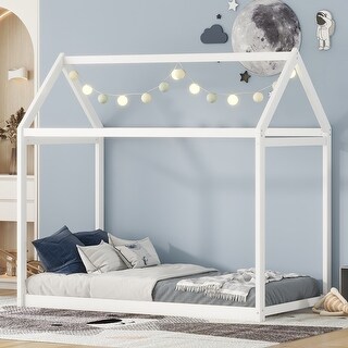 Twin Size Wooden House Bed in White, Pine Wood & MDF Frame, Durable & Sturdy Construction, Ideal for Kids' Bedroom