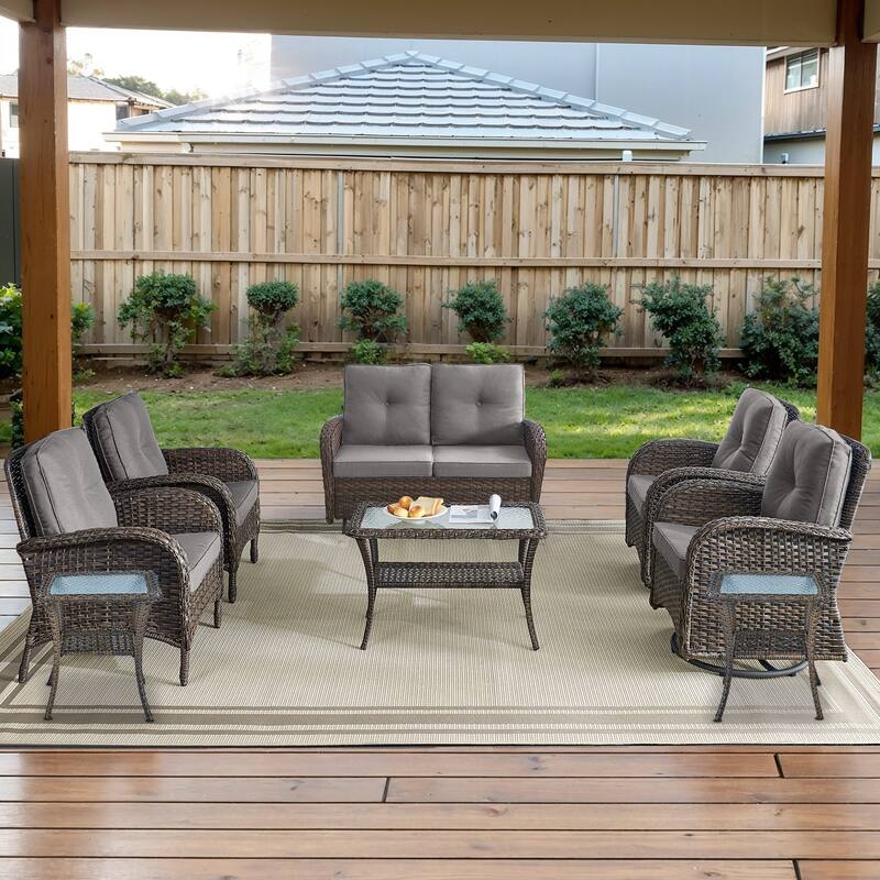 Outdoor Glider Sofa with Rocking Chair, Club Chair set of 8 - Brown - Brown - Grey
