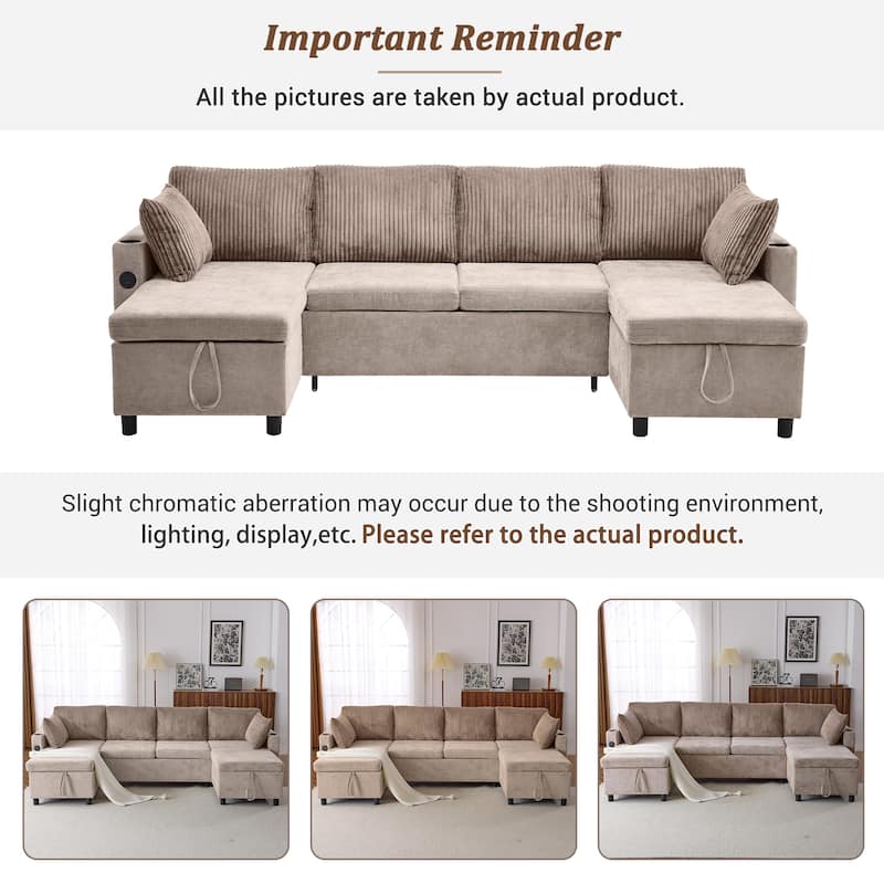 Corduroy L-shaped Sofa Sectional Sofa with 2 USB Ports and 2 Power Sockets, Storage Drawer Settee for Living Room