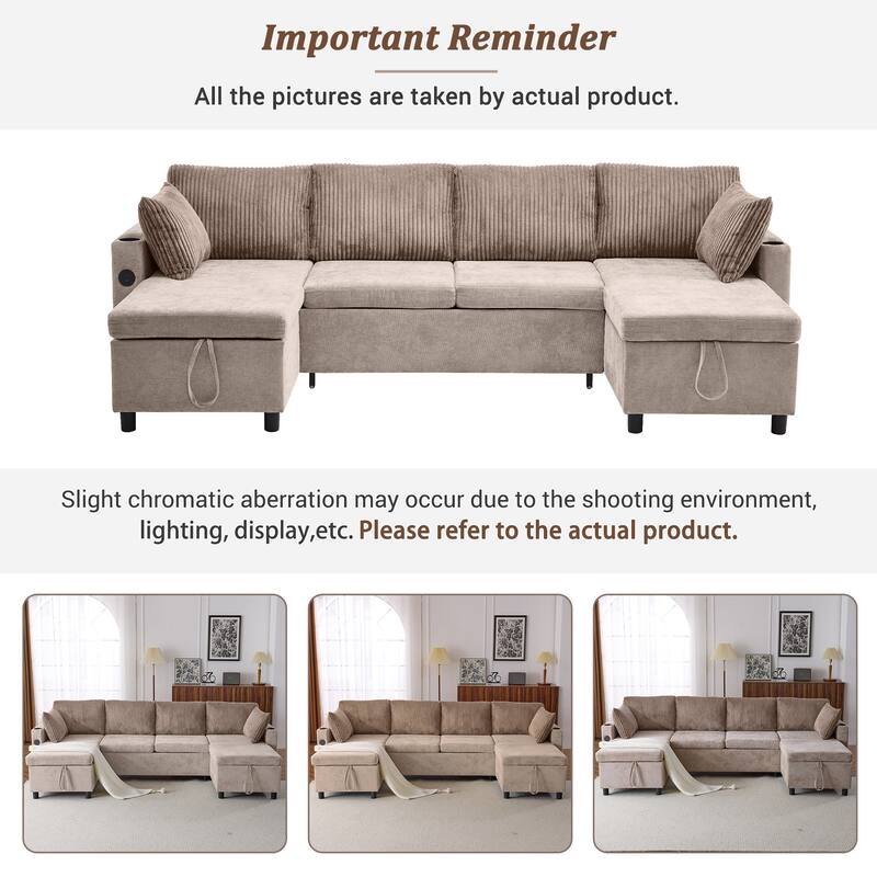Roomfitters 113 Inch U-Shaped Sectional Sleeper Sofa with Storage Chaise and USB Ports, Chenille