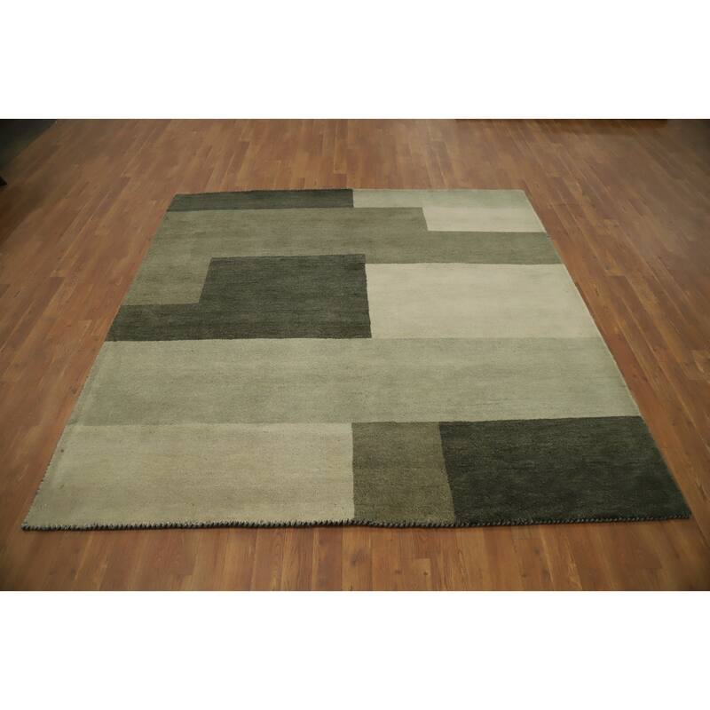 Hand Knotted Oriental 100% Wool Carpet Modern Geometric Green Gabbeh Area Rug - 6' 8'' X 6' 5''