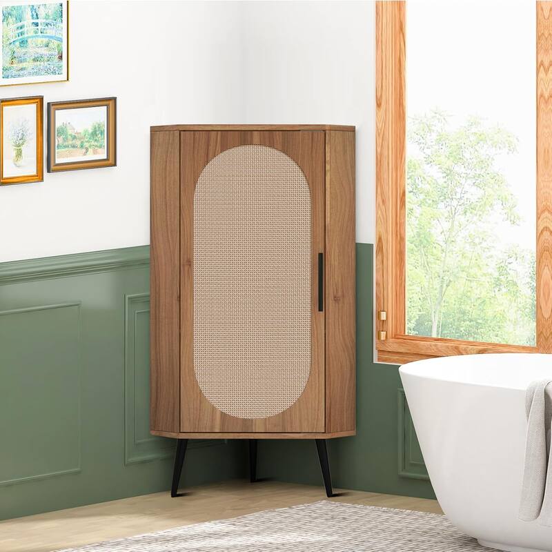 Modern Style Corner Storage Cabinet with Adjustable Shelves and Anti-tilt Device, Metal legs - Walnut