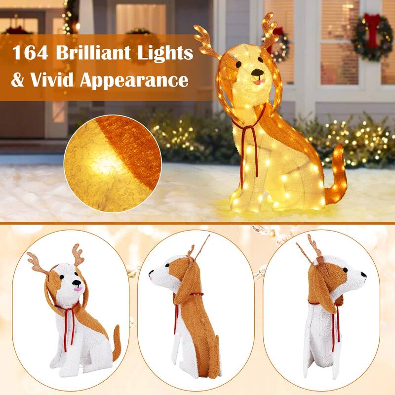 Gymax Lighted Christmas Dog w/ LED Lights 4 Ground Stakes Cable Tiers - Brown - See Details