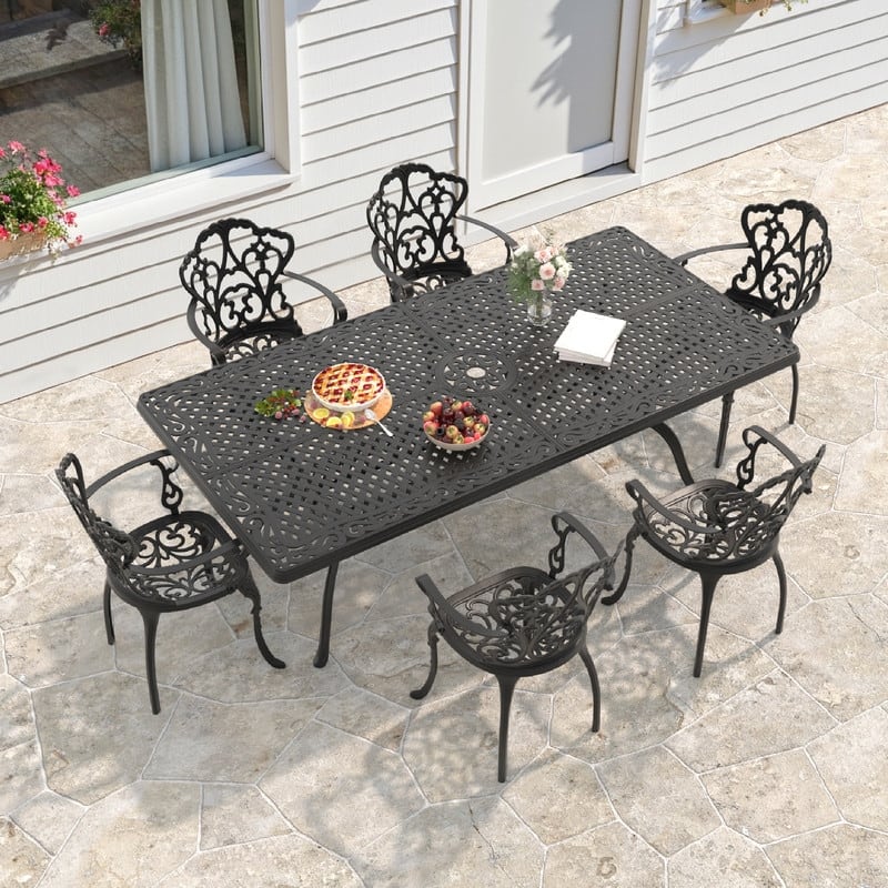 7/9-Piece Cast Aluminum Outdoor Dining Set with 82.68'' L X 41.34'' W Rectangular Table and Seat Cushions