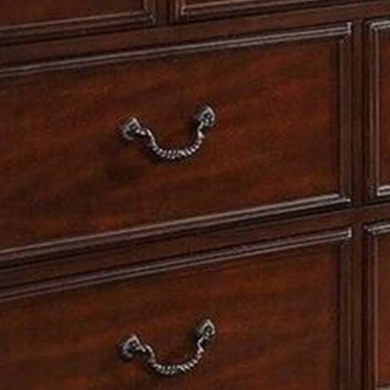 Miri 59 Inch 8 Drawer Dresser, Brass Carved Trim Accents, Cherry Oak Brown