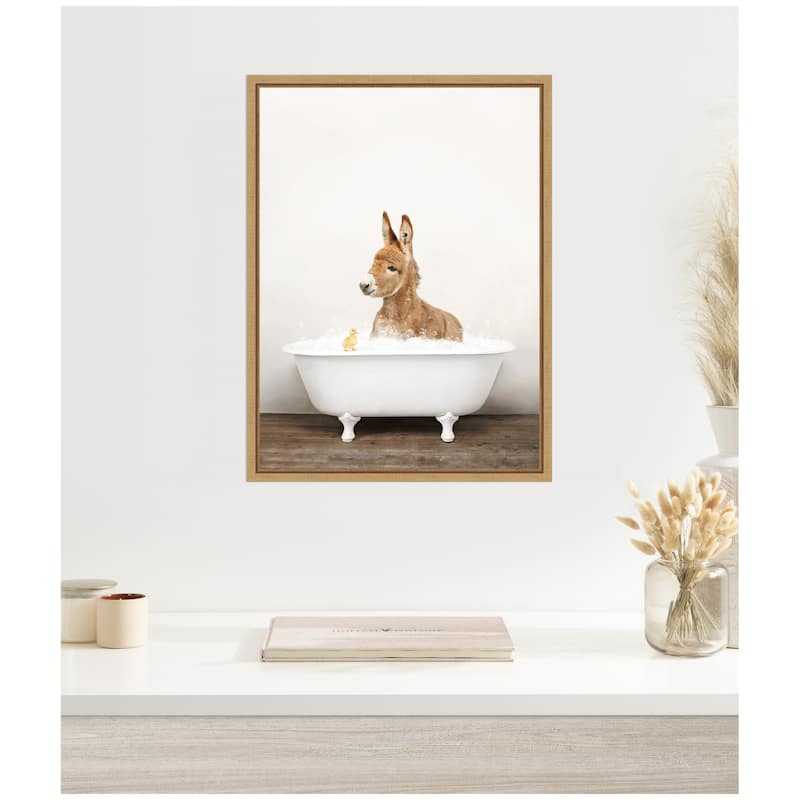 Kate and Laurel Sylvie Baby Donkey in Rustic Bathtub Framed Canvas by Amy Peterson