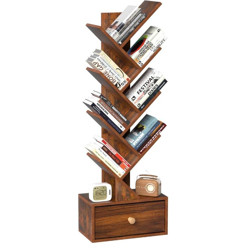 8 Tier Tree Bookshelf with Drawer - 14.57"D x 7.87"W x 46.06"H - Retro Brown