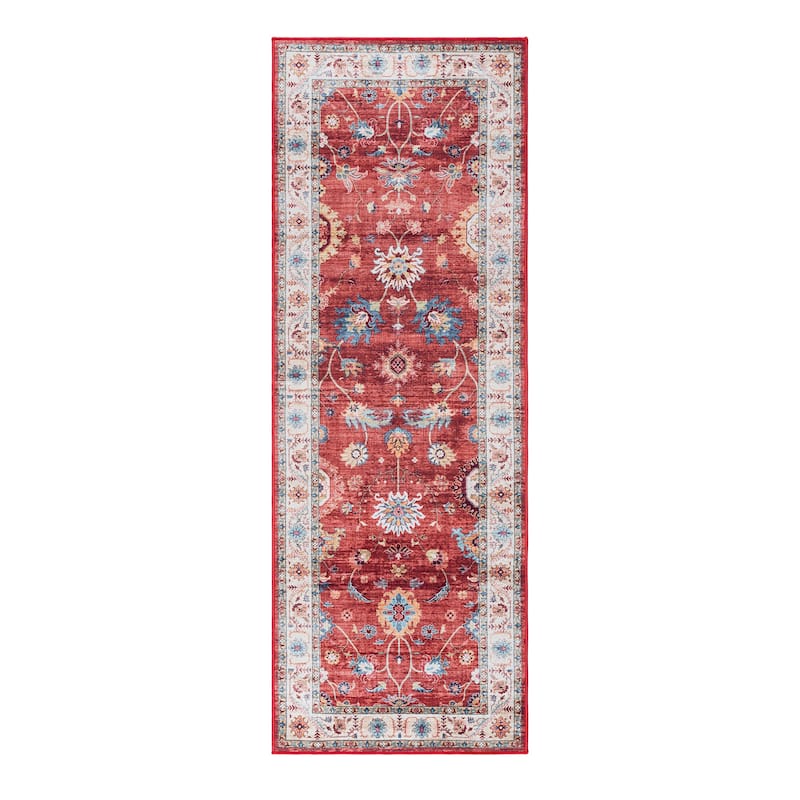 Gertmenian Crystal Print Washable Digital Printed Flat Pile Polyester Slip Resistant Area Rug Collection - 2' 2" x 6' - Cullen Red