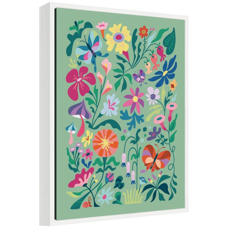 Kate and Laurel Sylvie Wild flowers and Butterflies Framed Canvas by Rachel Lee - 18x24 - White