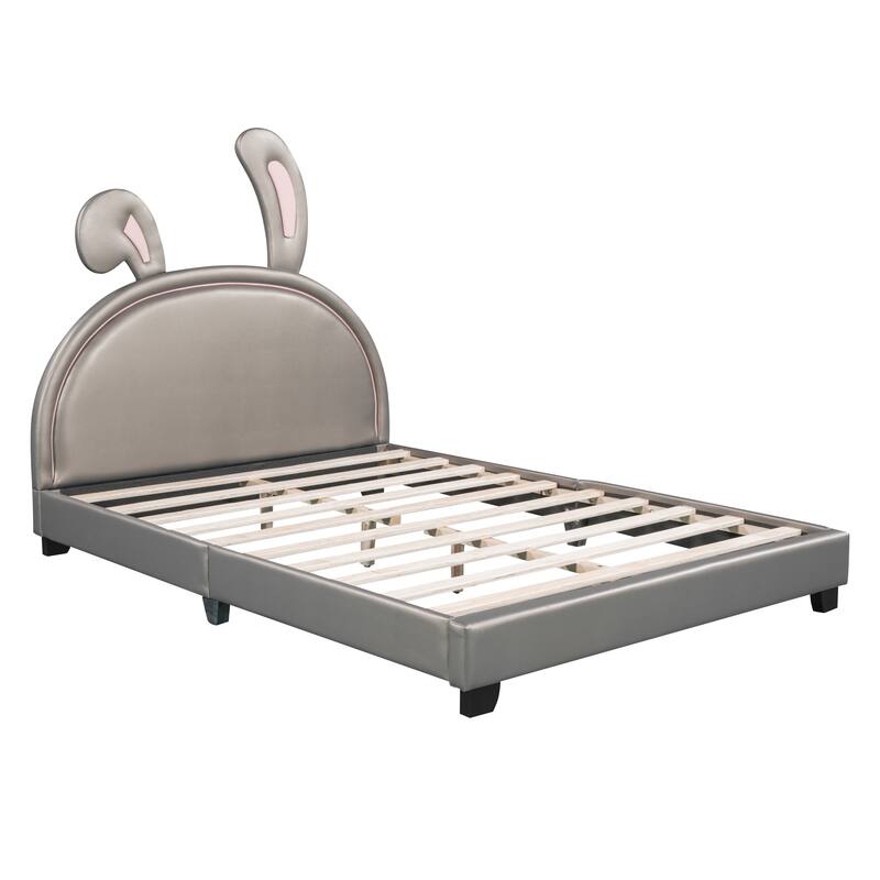 Full Size Upholstered PU Leather Platform Bed with Rabbit Ornament ...