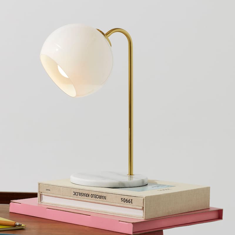 Brightech Krystal 14.5 in. Antique Brass Modern LED Arc Desk Lamp with White Glass Globe Shade