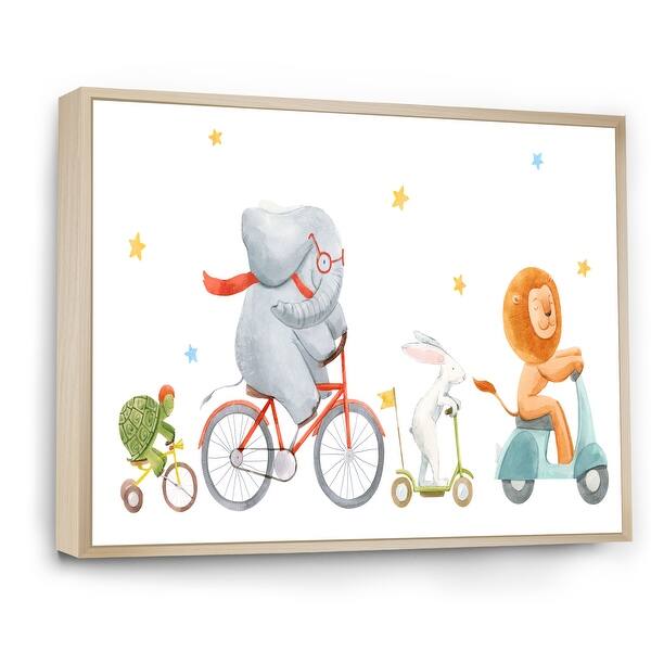 Designart "Cute Animals On Bicycle" Traditional Framed Children's