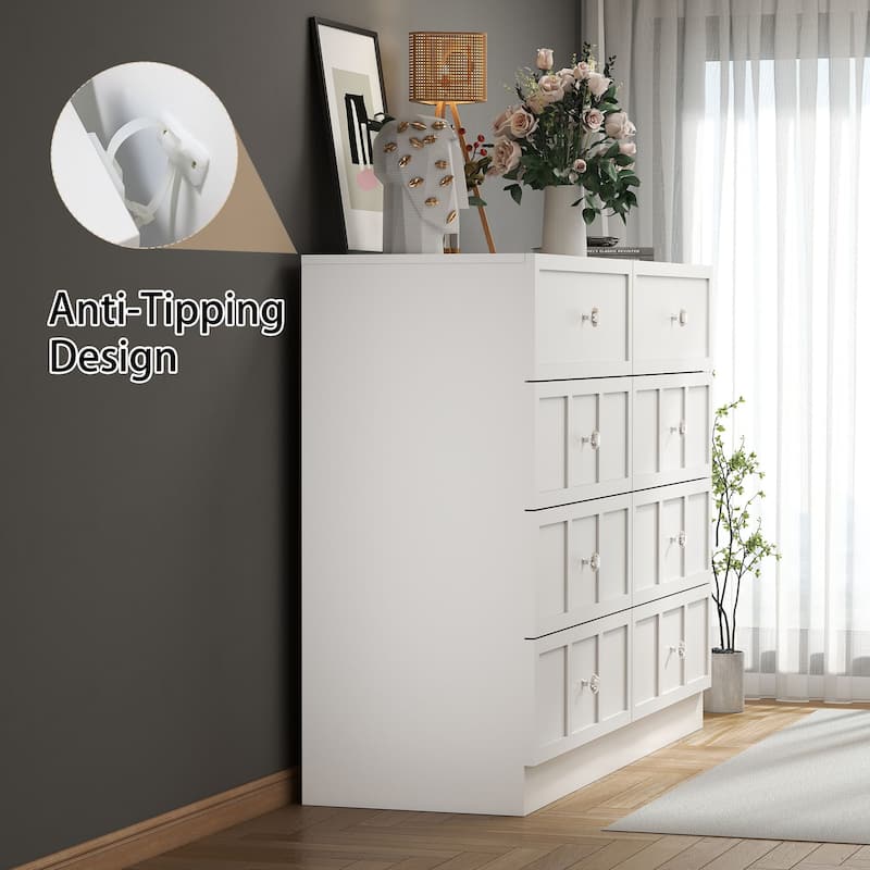 8 Drawer White Dresser, Modern Wood Storage Cabinet with Wide Top, Bedroom Chest Organizer