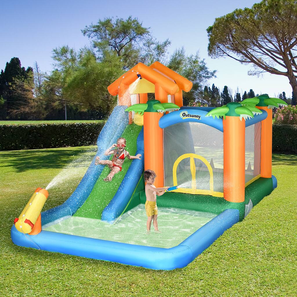 Outsunny 5-in-1 Inflatble Water Slide Kids Bounce House Summer Theme Jumping Castle Includes Slide Trampoline Pool Water Gun