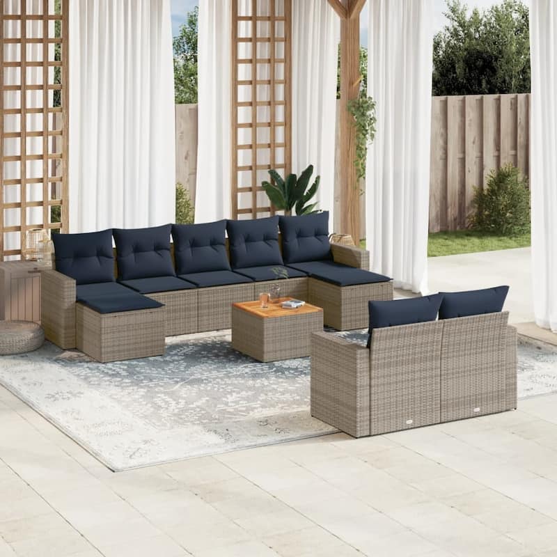 vidaXL 10 Piece Patio Sofa Set with Cushions Grey Poly Rattan - 21.7" x 24.4" x 27.2" - Grey