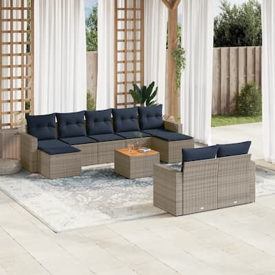 vidaXL 10 Piece Patio Sofa Set with Cushions Grey Poly Rattan - 21.7" x 24.4" x 27.2"
