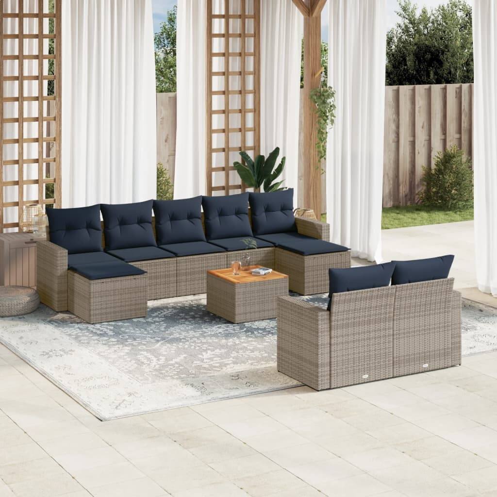 vidaXL 10 Piece Patio Sofa Set with Cushions Grey Poly Rattan - 21.7" x 24.4" x 27.2"