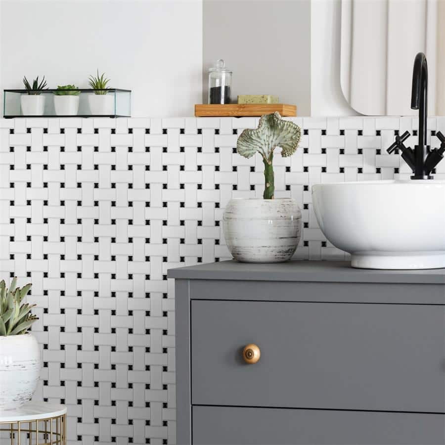 SomerTile Metro Basketweave Matte White with Black Dot 11.75" x 11.75" Porcelain Mosaic Tile