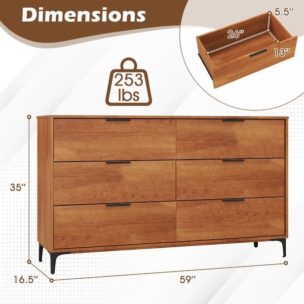 Gymax 6-Drawer Double Dresser w/ Interlock System Metal Support Legs