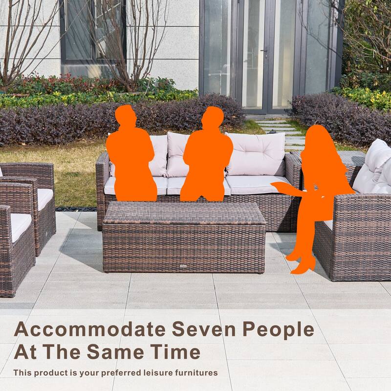 7-Piece PE Wicker Patio Fire Pit Sofa Set with Adjustable Propane Fire Table and Storage Side Tables