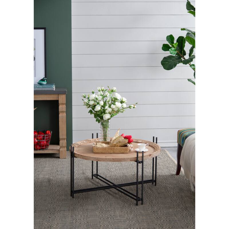 GDFStudio- Farmhouse Round Coffee Table with Natural Wood Top and Black Metal Pin Legs