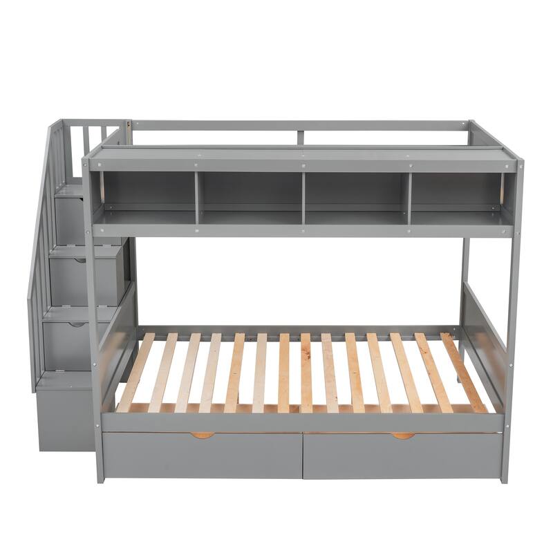 Twin over Full Bunk Bed with Shelves, Storage Stairs & 2 Drawers, Space-Saving Kids Furniture