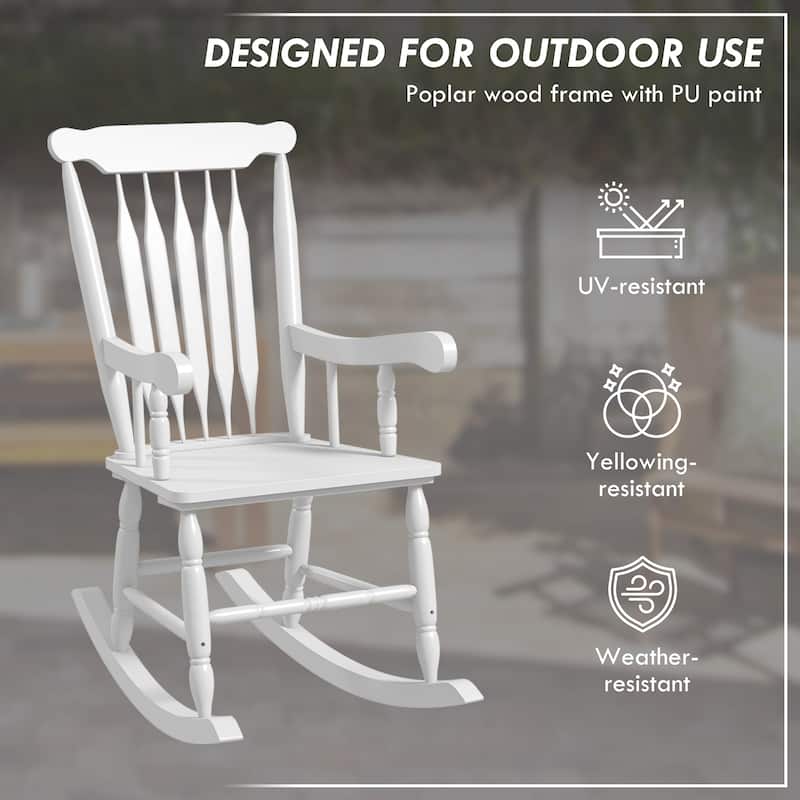 High Back Wood Rocking Chair, All Weather Patio Rocking Chair, 350lbs Weight Capacity for Deck, Porch, Backyard, Garden