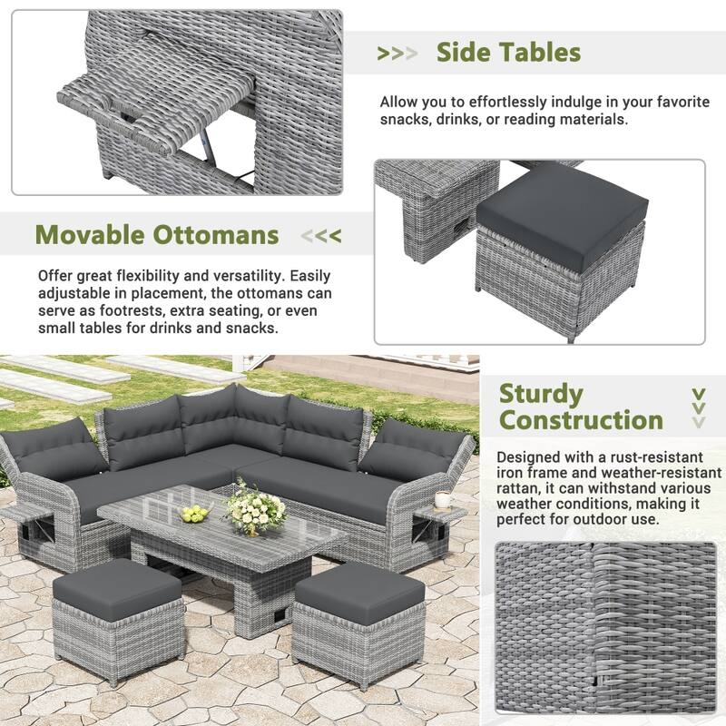 Outdoor Rattan Furniture Set with Adjustable Table, Recliners and 2 Ottomans
