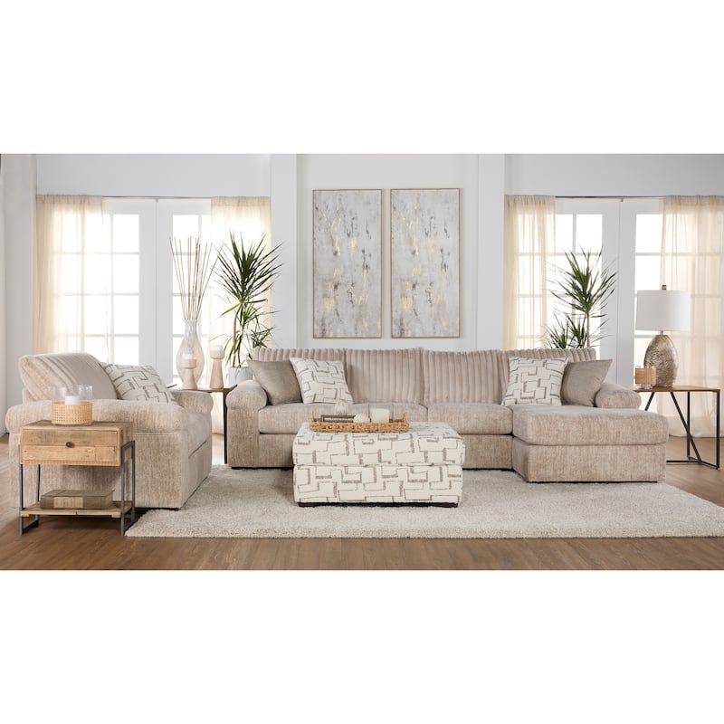 Roundhill Furniture Nason Wide Wale Corduroy Sectional Sofa Chaise with Armchair and Ottoman - Parchment