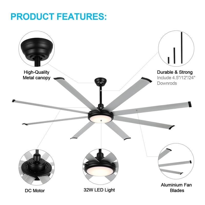 WINGBO 64" and 72" and 80" and 96" Indoor Ceiling Fan with LED Light and Remote