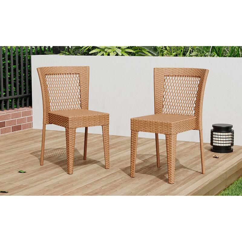 Roomfitters Set of 2 Stackable Outdoor Dining Chairs, Diamond-Mesh PE Wicker with Iron Frame