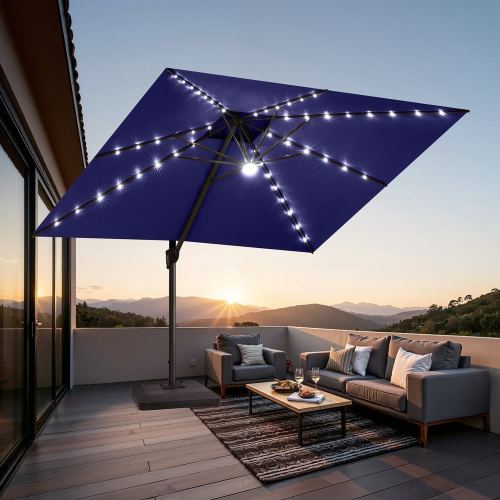 Solar-Powered LED Light 11 FT Aluminum Patio Cantilever Umbrella with Base