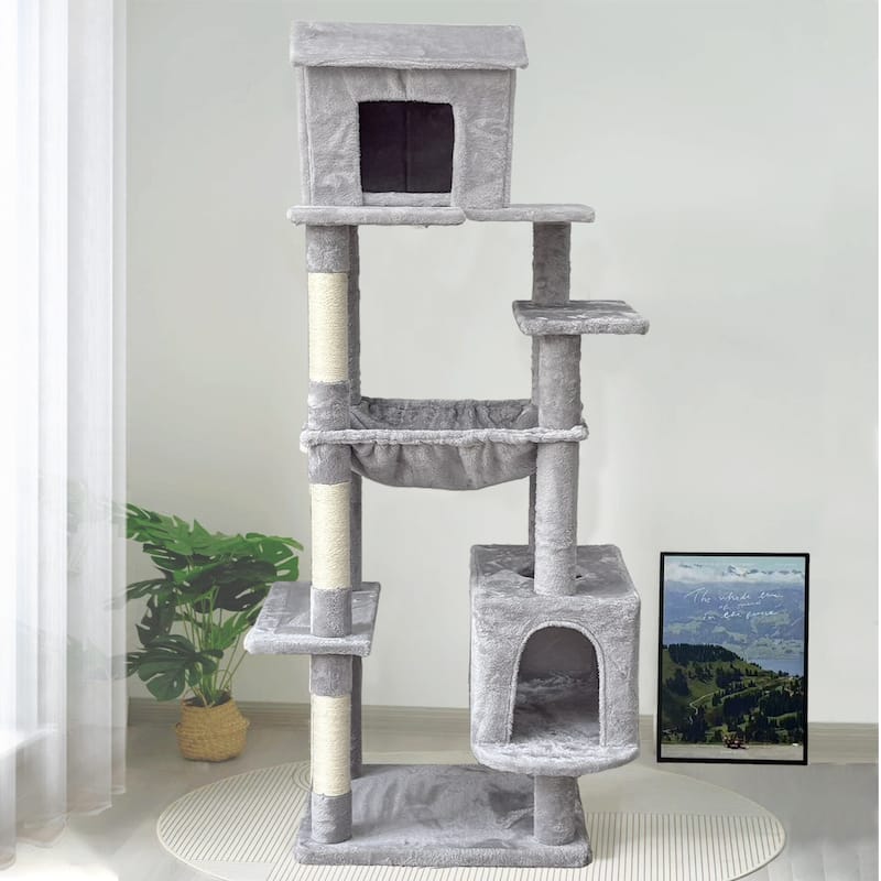 64 in Cat Tree with Unique Cat House, Hammock, Scratching Posts, Plush Cat Tower for Indoor Cats for Multiple Cats