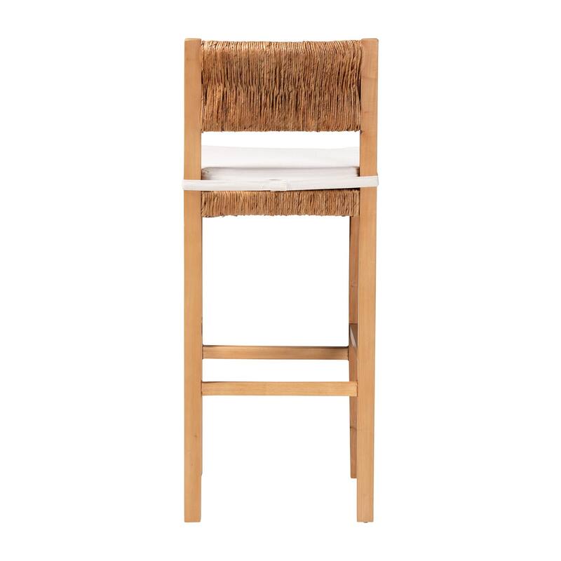 Pava Woven Seagrass Bar Stool - Solid Mahogany Wood Stool with Textured Back, Coastal Boho Seating for Kitchen or Lounge