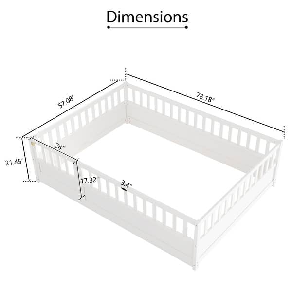 dimension image slide 0 of 2, Full Size Floor Bed Frame with Tall Guardrails and Access Opening Play