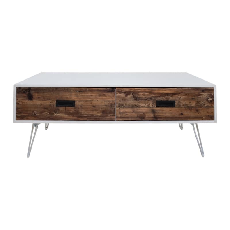 HomeRoots 48" Brown And White Wood And Metal Coffee Table With Two Drawers - 48' X '18' X '23