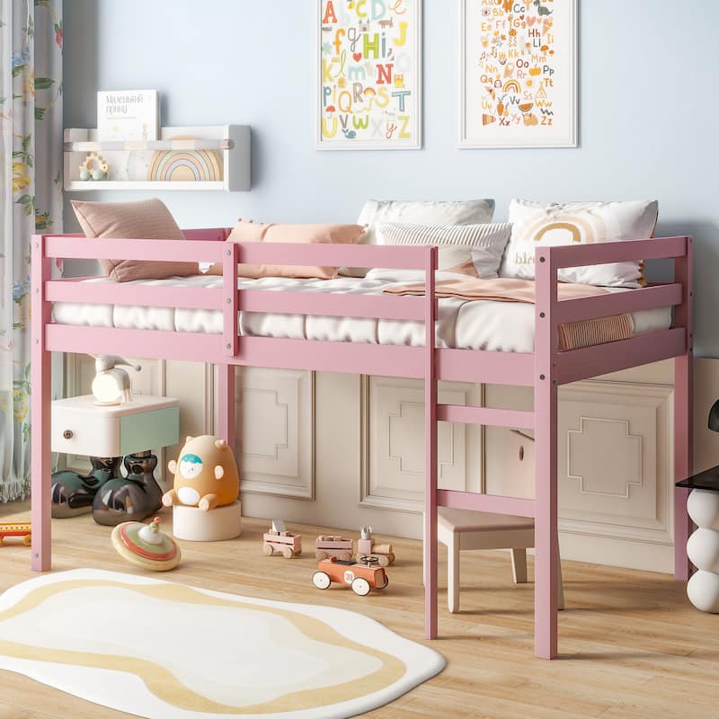 Pink Twin Loft Bed with Ladder, Rubber Wood Frame, Strengthened Slats, Low Height Design, Ample Under-Bed Storage