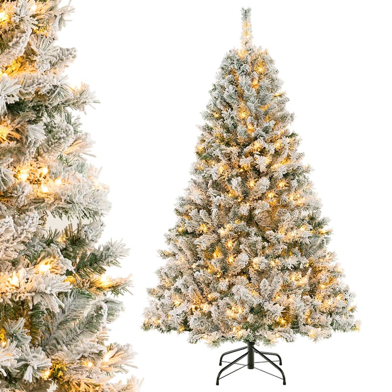 Gymax 6/7/8 FT Pre-Lit Snow-Flocked Xmas Tree 3-Minute-Setup