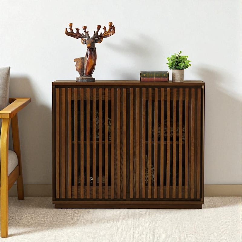 Mid Century Fluted Sideboard Cabinet with Outlet Holes, Solid Wood & MDF Buffet Storage for Entryway Hallway Dining Room. - Walnut