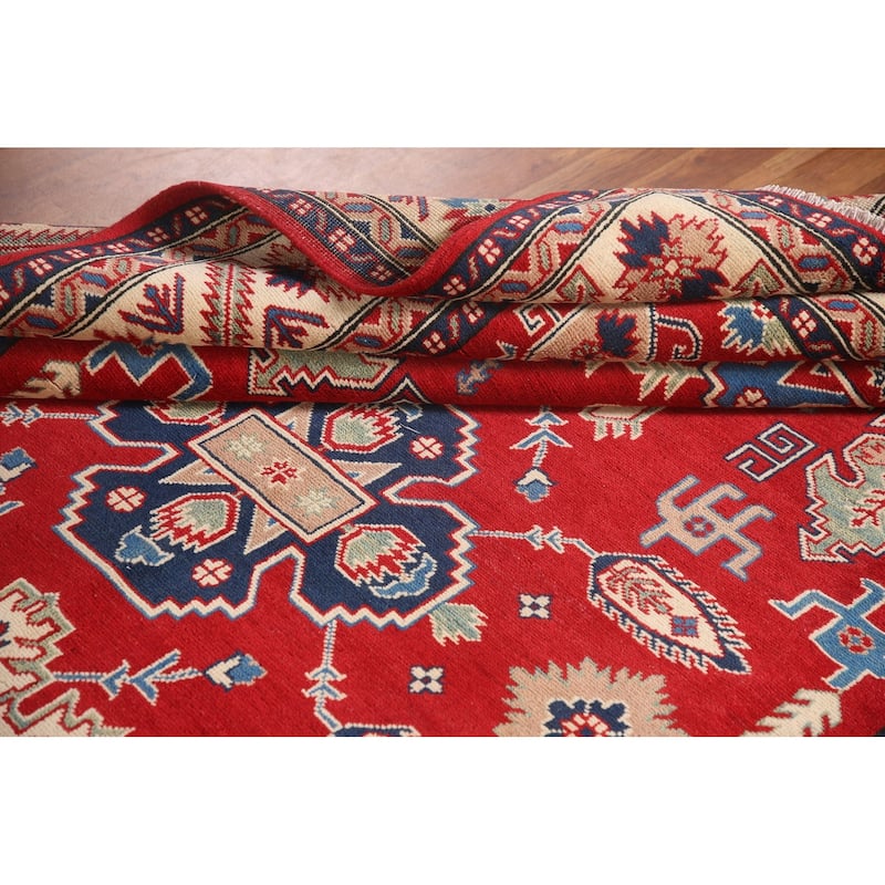 Red Geometric Kazak Area Rug Hand-Knotted Living Room Wool Carpet - 6'8" x 9'9"