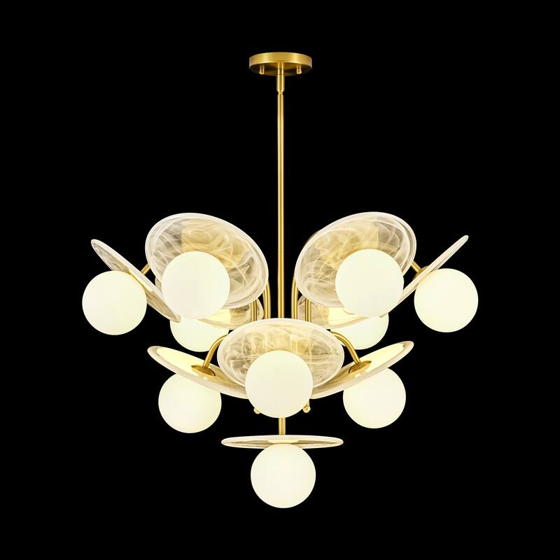 29.1" W 10-Light Mid-Century Chandelier with Cloud Glass Discs and Opal Globes in Brushed Gold